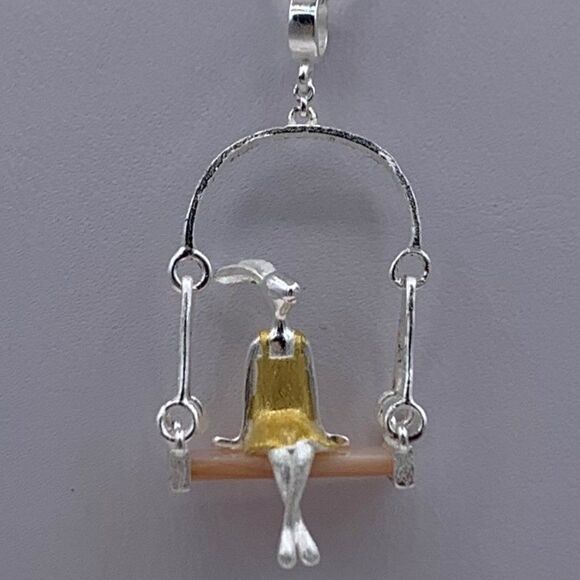 Pendant & chain, solid sterling 925 silver, real gold accent, hand made, 11 in. - Picture 1 of 16